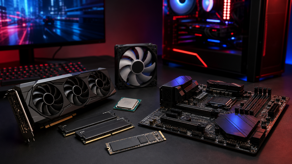 Gaming PC componenten zoals videokaart processor RAM en SSD